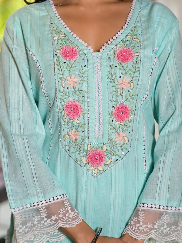 Sea Green Cotton Premium And Elegant Kurta Sets For Women
