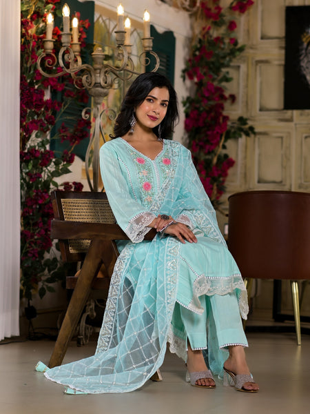Sea Green Cotton Premium And Elegant Kurta Sets For Women