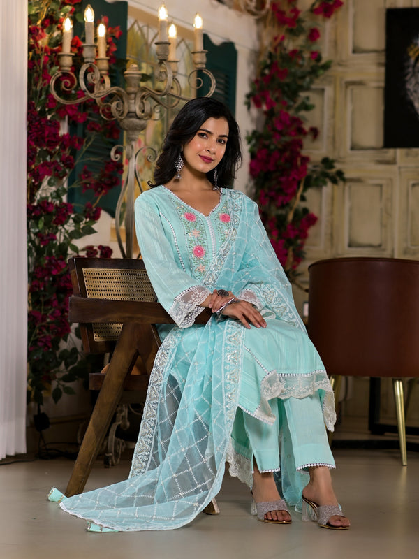 Sea Green Cotton Premium And Elegant Kurta Sets For Women