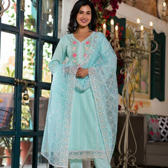Sea Green Cotton Premium And Elegant Kurta Sets For Women