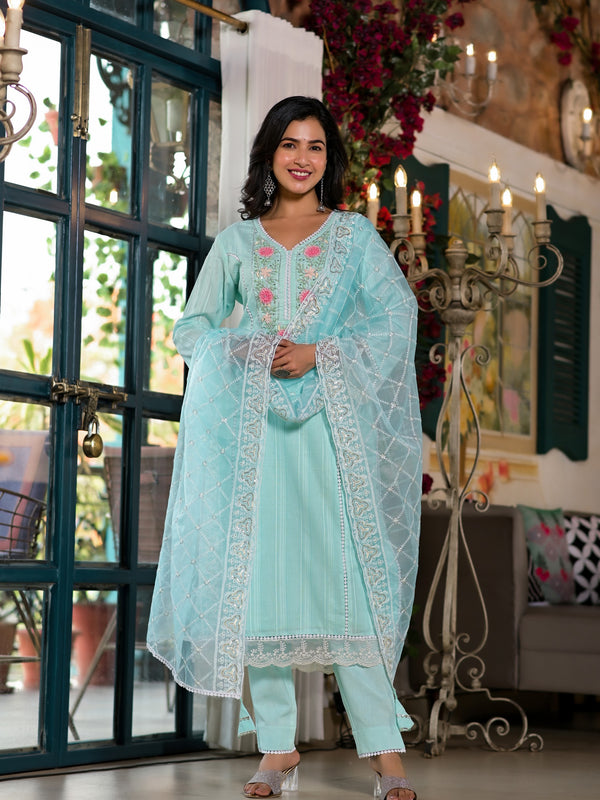 Sea Green Cotton Premium And Elegant Kurta Sets For Women