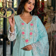 Sea Green Cotton Premium And Elegant Kurta Sets For Women