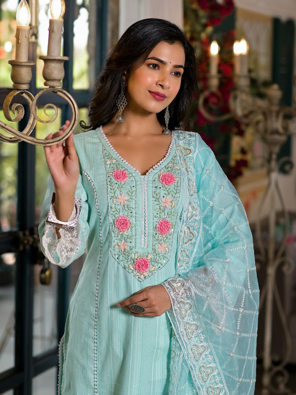 Sea Green Cotton Premium And Elegant Kurta Sets For Women