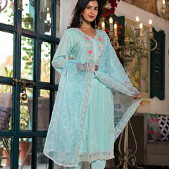 Sea Green Cotton Premium And Elegant Kurta Sets For Women