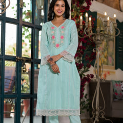 Sea Green Cotton Premium And Elegant Kurta Sets For Women