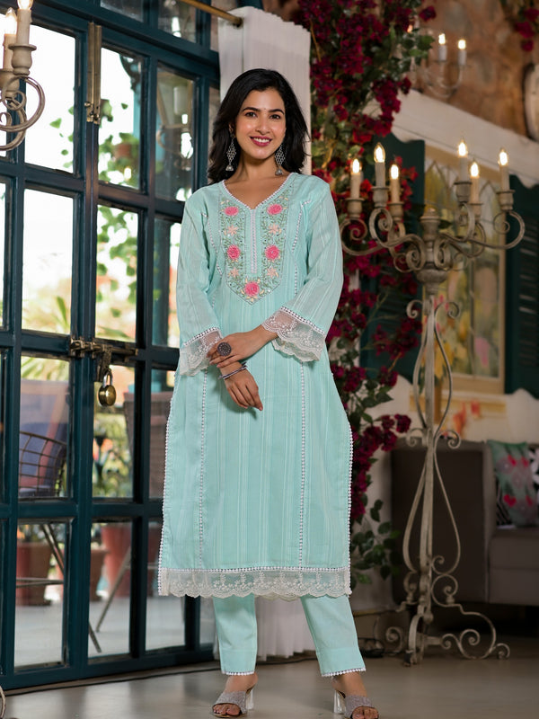 Sea Green Cotton Premium And Elegant Kurta Sets For Women