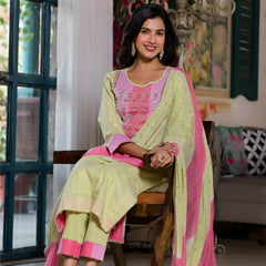Green Cotton Premium And Elegant Kurta Sets For Women