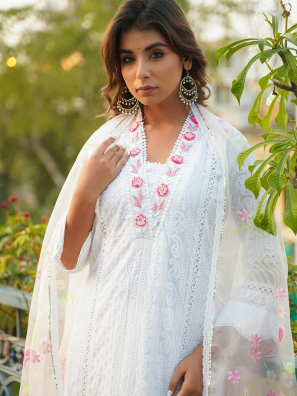 White Georgette Embroidered Kurta Set For Women