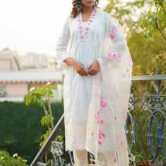 White Georgette Embroidered Kurta Set For Women