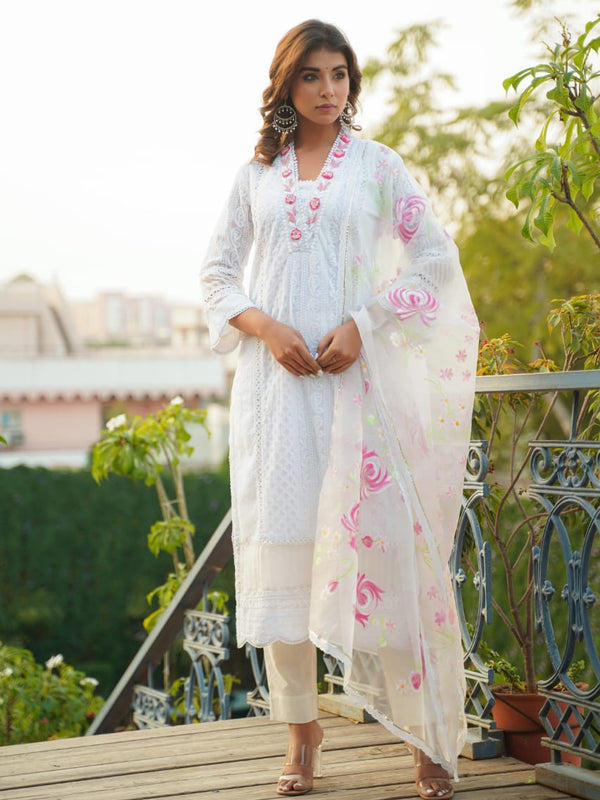 White Georgette Embroidered Kurta Set For Women