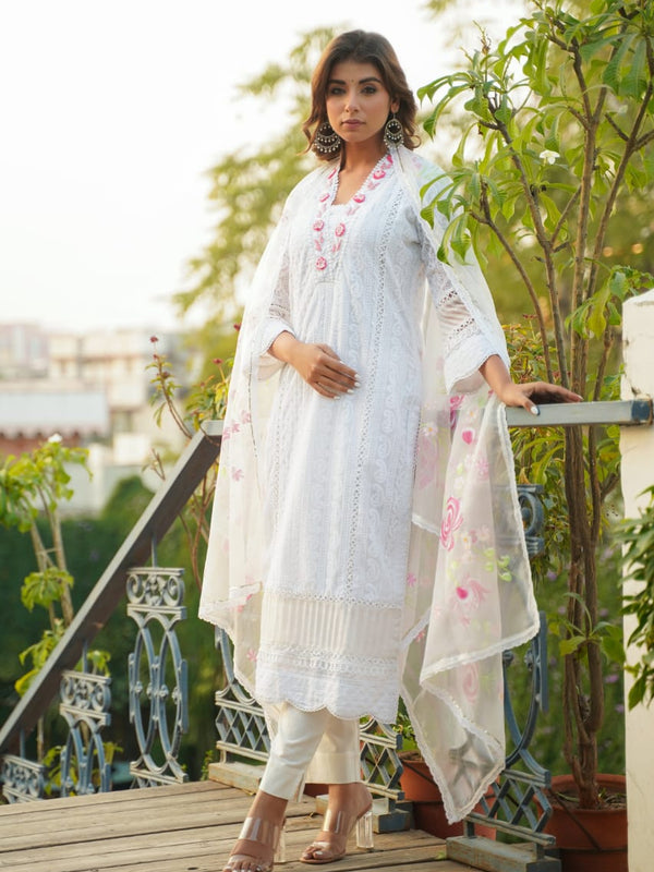 White Georgette Embroidered Kurta Set For Women