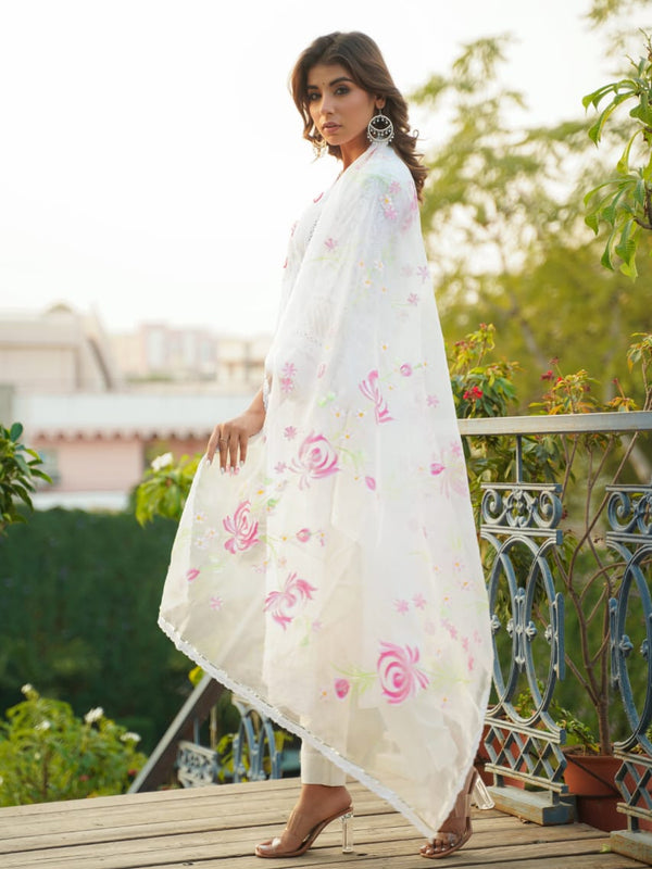 White Georgette Embroidered Kurta Set For Women