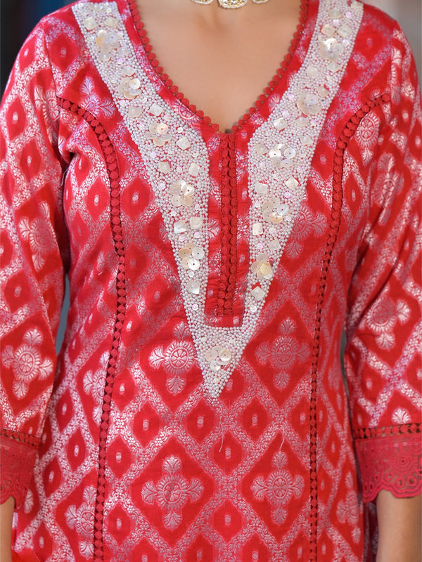 Red Cotton Premium And Elegant Kurta Sets For Women