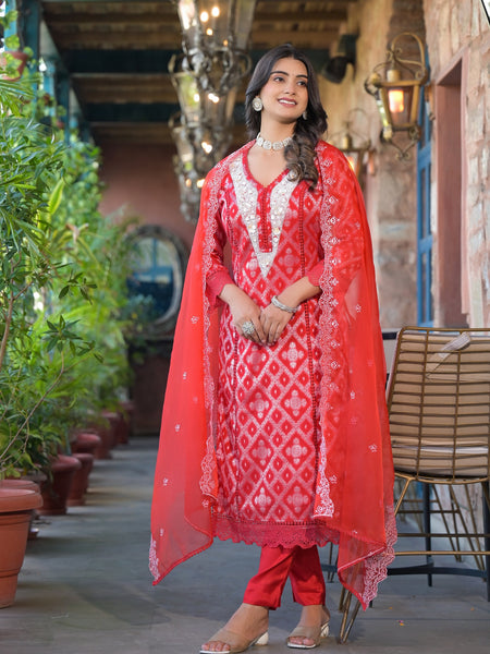 Red Cotton Premium And Elegant Kurta Sets For Women