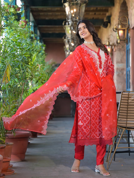 Red Cotton Premium And Elegant Kurta Sets For Women