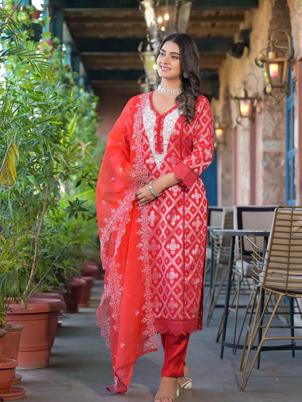 Red Cotton Premium And Elegant Kurta Sets For Women