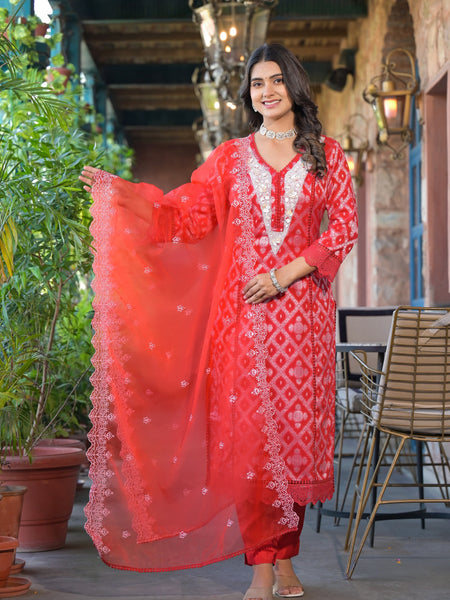 Red Cotton Premium And Elegant Kurta Sets For Women