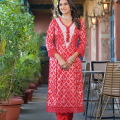 Red Cotton Premium And Elegant Kurta Sets For Women