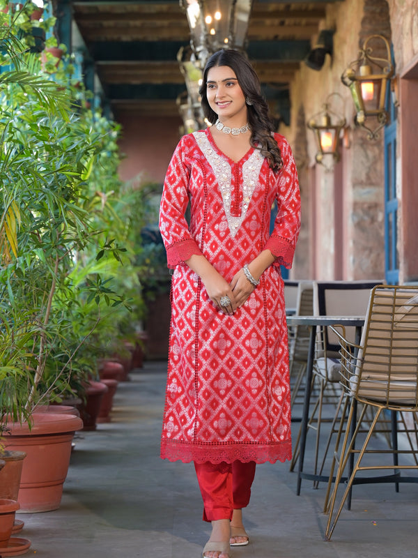 Red Cotton Premium And Elegant Kurta Sets For Women