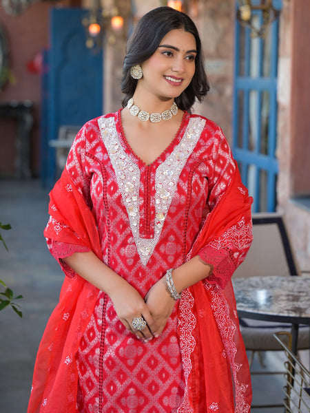 Red Cotton Premium And Elegant Kurta Sets For Women