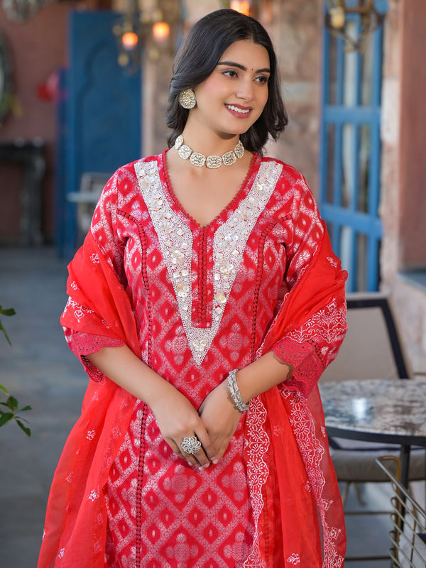 Red Cotton Premium And Elegant Kurta Sets For Women