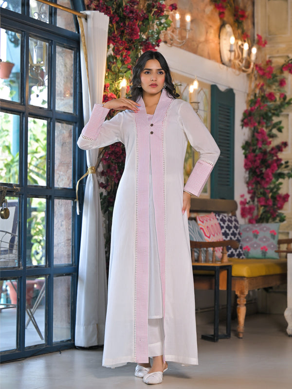 Elegant White Pink Cotton Kurta Set