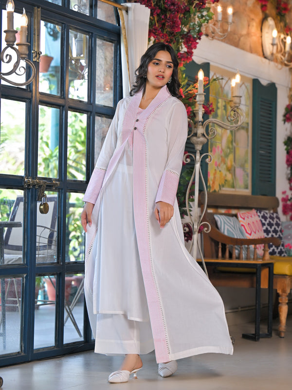 Elegant White Pink Cotton Kurta Set