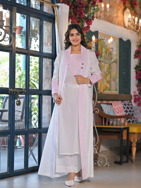 Elegant White Pink Cotton Kurta Set