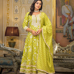 Lime Green Cotton Printed Kurta Set For Women