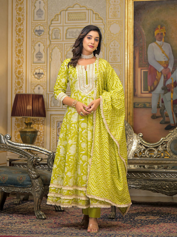 Lime Green Cotton Printed Kurta Set For Women