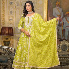 Lime Green Cotton Printed Kurta Set For Women