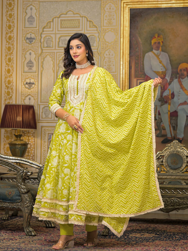 Lime Green Cotton Printed Kurta Set For Women