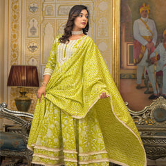 Lime Green Cotton Printed Kurta Set For Women