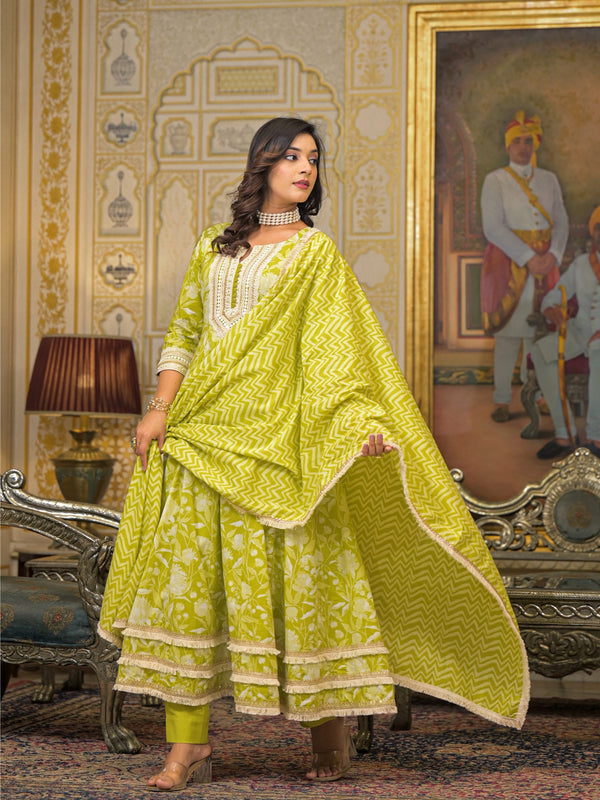 Lime Green Cotton Printed Kurta Set For Women