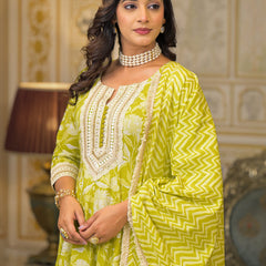 Lime Green Cotton Printed Kurta Set For Women