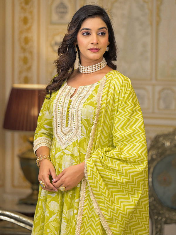 Lime Green Cotton Printed Kurta Set For Women