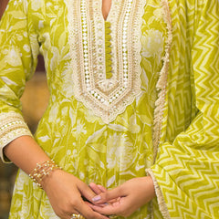 Lime Green Cotton Printed Kurta Set For Women