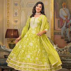 Lime Green Cotton Printed Kurta Set For Women