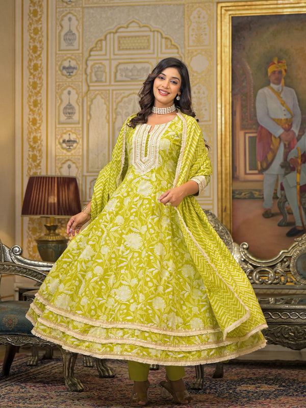 Lime Green Cotton Printed Kurta Set For Women