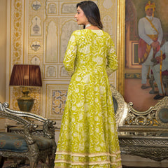 Lime Green Cotton Printed Kurta Set For Women