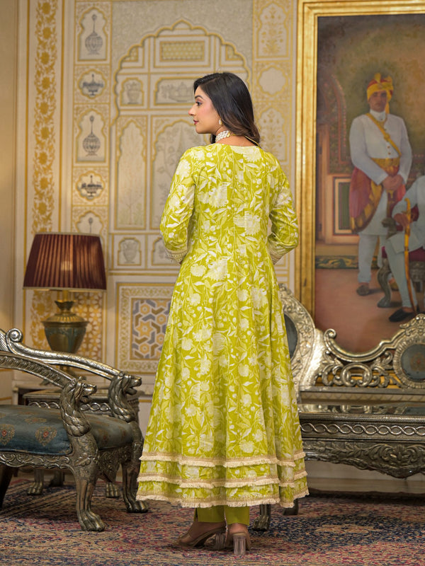 Lime Green Cotton Printed Kurta Set For Women