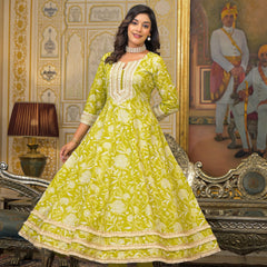 Lime Green Cotton Printed Kurta Set For Women