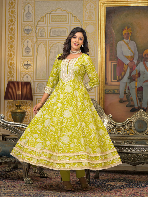 Lime Green Cotton Printed Kurta Set For Women