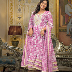 Pink Cotton Printed Kurta Set For Women