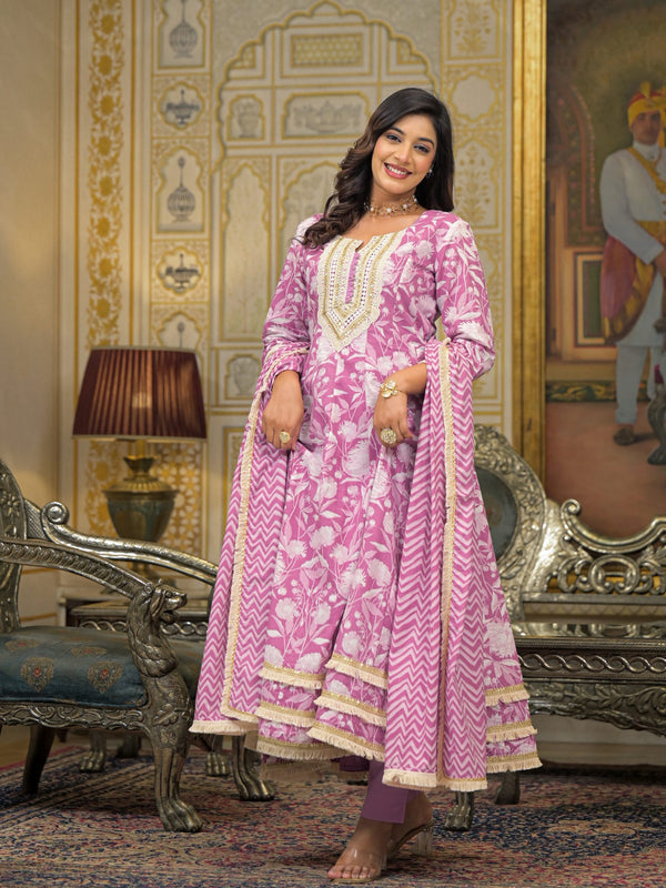 Pink Cotton Printed Kurta Set For Women