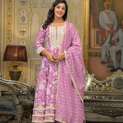 Pink Cotton Printed Kurta Set For Women
