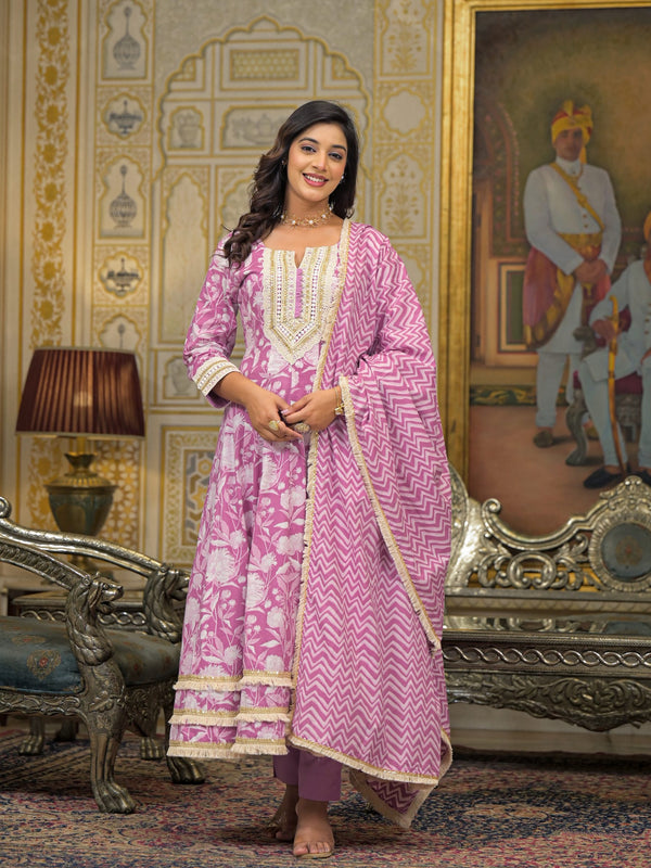 Pink Cotton Printed Kurta Set For Women