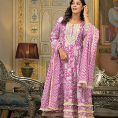 Pink Cotton Printed Kurta Set For Women