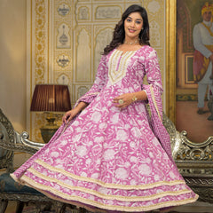 Pink Cotton Printed Kurta Set For Women