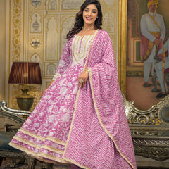 Pink Cotton Printed Kurta Set For Women